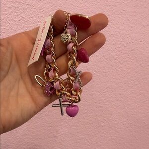 Betsey Johnson Pink and Gold Heart Charm Chain Bracelet